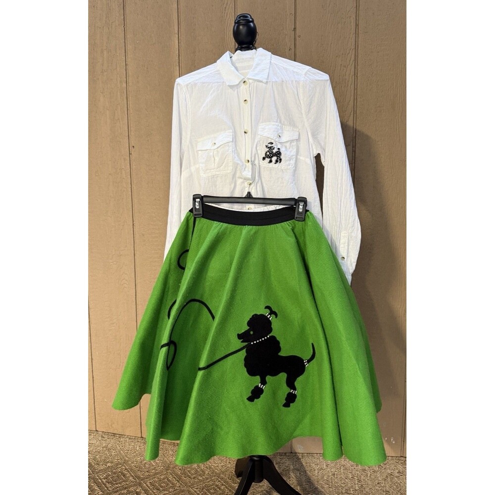 Vintage 1950s Style Green Felt Poodle Skirt  White Button Down Shirt Set XL Kids